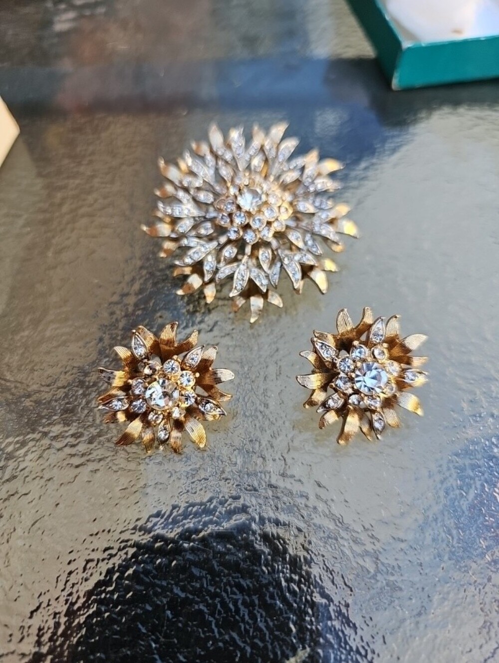 Gold Floral Crystal Brooch and Earrings Set